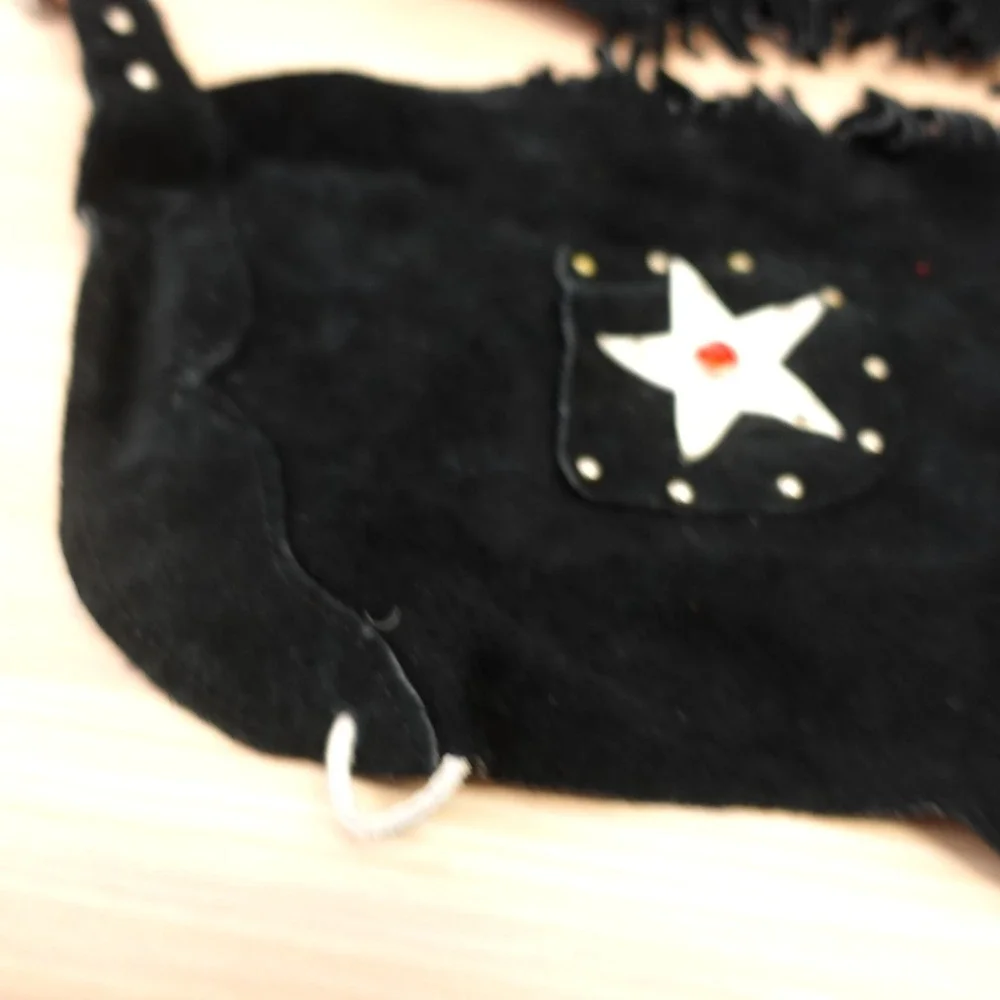 Vintage Cowboy‎ Vest Chaps Set Boys M Black Suede Studded Fringe Halloween USA